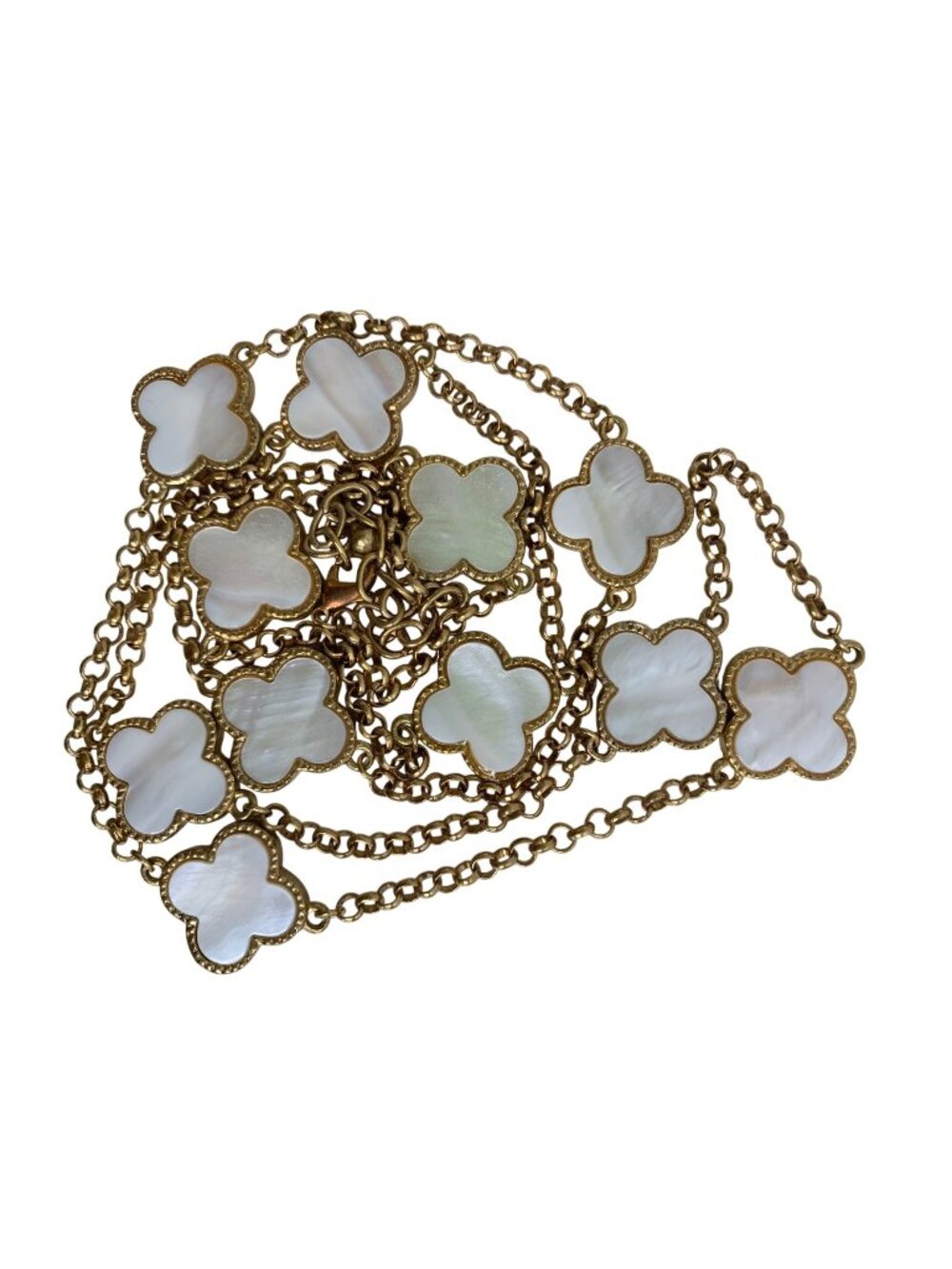White & Gold Necklace W/ Mother-Of-Pearl Clover Charms 38" Length 13" Drop EUC